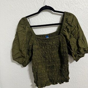 Fitted Puff-Sleeve Smocked Olive Top